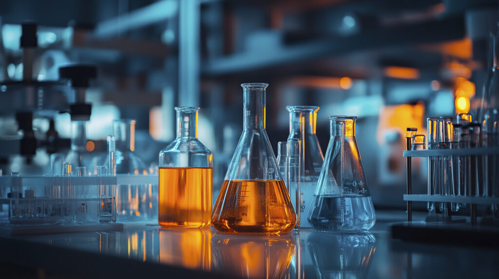 many different glass and tubes and flasks with orange and blue l